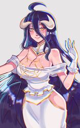  ahoge albedo_(overlord) armpit_crease black_hair black_wings breasts cleavage demon_girl demon_horns double-parted_bangs dress english_commentary feathered_wings female frilled_gloves frills gloves grey_background hair_between_eyes highres horns large_breasts long_hair looking_at_viewer low_horns low_wings overlord_(maruyama) ruinique side_slit simple_background slit_pupils smile solo very_long_hair white_dress white_gloves white_horns wings yellow_eyes 