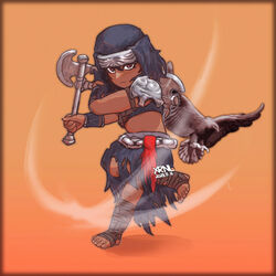  absurdres armor axe bandaged_foot bandaged_leg bandages bird black_skirt brown_eyes chain_belt chains chibi chinese_commentary commentary_request dark-skinned_female dark_skin dated dual_wielding elden_ring feet female fighting_stance gradient_background hawk heel-less_legwear highres holding holding_axe leg_up looking_at_viewer midriff motion_lines nepheli_loux orange_background shaded_face shadow shoulder_armor skirt toes xrnl2018 