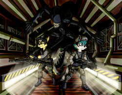  2023 alien alien_(franchise) anthro canid canine canis clothing colonial_marines feral group gun heavy_machine_gun hi_res humanoid male mammal military_uniform movie_reference parody procyonid raccoon ranged_weapon spacecraft trio uniform vehicle weapon wolf xenomorph zooshi zooshi_(character) 