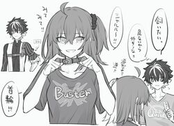  1boy :3 ahoge belt_buckle breasts buckle buster_shirt charlemagne_(fate) collar collarbone commentary_request cowboy_shot cropped_torso fate/grand_order fate_(series) female flying_sweatdrops fujimaru_ritsuka_(female) greyscale highres looking_at_viewer medium_breasts monochrome quick_shirt shirt smile t-shirt translation_request yukihara_sbgd 