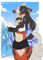  2023 alanscampos anthro beverage black_hair bottomwear breasts bubble_tea cellphone clothed clothing crop_top drinking electronics female fur generation_8_pokemon hair hair_over_eyes hands-free_bubble_tea hi_res hisuian_form hisuian_growlithe hotpants long_hair meme midriff multicolored_hair nintendo open_clothing open_shirt open_topwear outside phone pokemon pokemon_(species) regional_form_(pokemon) shirt shorts smartphone solo topwear two_tone_hair white_hair 