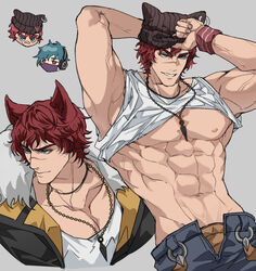  2boys abs adjusting_clothes adjusting_headwear animal_ears aphelios armband bara bare_pectorals beanie blue_eyes blue_hair cat_ears chibi chibi_inset clothes_lift denim fur-trimmed_jacket fur_trim grey_background hand_on_headwear hat headset heartsteel_(league_of_legends) heartsteel_sett highres jacket jeans jewelry large_pectorals league_of_legends male_focus male_underwear mask mouth_mask multiple_boys multiple_views muscular muscular_male navel necklace nipples open_pants pants pectorals red_eyes red_hair ronpu_cooing scar scar_on_face scar_on_nose sett_(league_of_legends) short_hair smile solo_focus tank_top thick_eyebrows underwear veins white_tank_top 