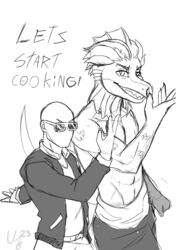  2023 anthro athletic athletic_anthro athletic_male bald biceps black_and_white cavemanon_studios claws clothed clothing damien_payne dated dialogue dilophosaurid dilophosaurus dinosaur duo english_text extinct eyewear finger_claws fingers frill_(anatomy) hair hi_res human i_wani_hug_that_gator inco_(iwhtg) jacket jujutsu_kaisen looking_at_viewer male mammal monochrome pecs prehistoric_species prometheuzone reptile scalie sharp_teeth short_hair signature smile snout sunglasses teeth text theropod topless topless_anthro topless_male topwear 