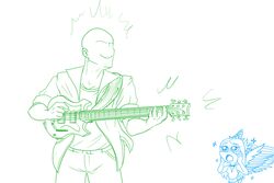  3:2 anon_(snoot_game) anthro bald blue_and_white bottomwear breasts cavemanon_studios clothed clothing dinosaur duo electric_guitar extinct faceless_character faceless_human faceless_male fang_(gvh) feathered_wings feathers female goodbye_volcano_high green_and_white guitar hand_on_face hand_on_own_face hi_res holding_guitar holding_musical_instrument holding_object human human_focus line_art male mammal monochrome musical_instrument pants plucked_string_instrument prehistoric_species protonmono pterodactylus pterosaur reptile scalie shirt simple_background smile snoot_game solo_focus sparkles sparkling_eyes string_instrument topwear wings 