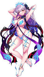  anklet armpits arms_behind_head arms_up bare_shoulders barefoot blue_fire blue_hair blush body_markings breasts earrings fate/grand_order fate_(series) feet female fire flower full_body gairou_(takakuan) hair_flower hair_ornament hair_ribbon highres jewelry kama_(fate) kama_(swimsuit_avenger)_(fate) kama_(swimsuit_avenger)_(third_ascension)_(fate) large_breasts legs long_hair looking_at_viewer lotus multicolored_hair nail_polish navel red_eyes revealing_clothes ribbon solo star_(symbol) star_earrings toenail_polish toenails toes two-tone_hair white_hair 