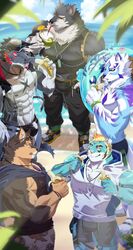  abs anthro banana beach beverage blue_body blue_eyes blue_fur brown_body brown_fur bulge canid canine canis clothing coconut coconut_drink domestic_dog dragon drupe_(fruit) eating eyewear facial_markings felid food fruit fur giansar grausummon grey_body group hair head_markings hoodie horn husky lifewonders live_a_hero male mammal markings monomasa multicolored_body multicolored_fur muscular muscular_anthro muscular_male mythological_creature mythological_scalie mythology nipples nordic_sled_dog palm_tree pantherine pecs plant pubraseer rexer sadayoshi scalie seaside spitz striped_body striped_fur stripes sunglasses swimwear tail tiger topwear tree white_hair 