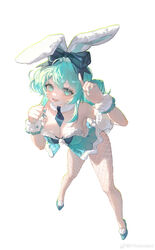  47ko :d absurdres animal_ears aqua_eyes aqua_footwear aqua_hair aqua_leotard aqua_nails bare_shoulders bicute_bunnies_miku blue_bow blue_necktie bow breasts chinese_commentary cleavage clenched_hand commentary_request detached_collar double_bun ear_bow fake_animal_ears female fishnet_pantyhose fishnets from_above full_body fur_armlet fur_collar fur_cuffs hair_bun hands_up hatsune_miku highres index_finger_raised leaning_forward legs_apart leotard looking_at_viewer lower_teeth_only medium_breasts necktie open_mouth pantyhose playboy_bunny rabbit_ears short_necktie simple_background smile solo standing strapless strapless_leotard teeth tongue vocaloid weibo_logo weibo_watermark white_background wrist_cuffs 