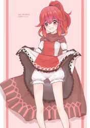  anna_(fire_emblem) bloomers blush brown_gloves cape clothes_lift cowboy_shot dated dress dress_lift female fire_emblem fire_emblem_engage gloves highres kazami_doriru long_hair long_sleeves ponytail red_dress red_eyes red_hair smile solo tears teeth two-tone_dress white_bloomers white_dress 