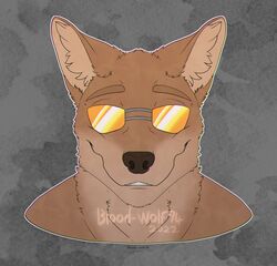  2022 anthro black_nose blood-wolf94 brown_body brown_fur brown_tuft camo camo_background canid canine canis colored countershade_face countershading coyote dated digital_media_(artwork) eyebrows eyewear front_view fur glistening glistening_eyewear glistening_sunglasses headshot_portrait inner_ear_fluff male mammal orange_eyewear orange_sunglasses orthographic outline portrait scp-2547-1 scp_foundation signature smile solo sunglasses tuft watermark white_outline 