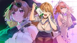  3girls aochoku black_pantyhose blush bottle breasts bridal_veil brown_hair choker cleavage commission dress elbow_gloves english_commentary eyewear_on_head fur-trimmed_jacket fur_trim girls&#039;_frontline gloves grizzly_mkv_(elite_on_patrol)_(girls&#039;_frontline) grizzly_mkv_(girls&#039;_frontline) grizzly_mkv_(rain_on_a_starry_night)_(girls&#039;_frontline) grizzly_win_mag gun hair_ornament handgun highres jacket jewelry large_breasts looking_at_viewer medium_hair multiple_girls multiple_persona official_alternate_costume open_clothes open_jacket pantyhose purple_eyes ring sake_bottle shirt smile sunglasses veil weapon wedding_dress wedding_ring 