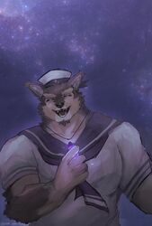  anthro brown_body brown_fur canid canine canis closed_eyes crystal domestic_dog eyebrows fur hi_res lifewonders live_a_hero male mammal muscular muscular_anthro muscular_male night outside pubraseer sailor_hat sailor_uniform sky solo star starry_sky thick_eyebrows uwa_uwa_uwa 