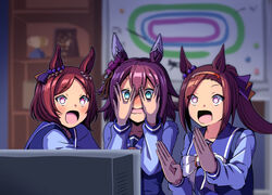  3girls @_@ animal_ears blue_eyes blurry blurry_background blush breasts collarbone commentary ear_covers ear_ornament flipped_hair flower_in_eye flustered forehead hair_ornament horse_ears horse_girl medium_hair multiple_girls open_mouth pink_eyes pink_hair ponytail sakura_bakushin_o_(umamusume) sakura_chiyono_o_(umamusume) sakura_laurel_(umamusume) school_uniform shelf shino_(ponjiyuusu) symbol-shaped_pupils symbol_in_eye tracen_school_uniform umamusume upper_body victory_club_(umamusume) watching_television wide-eyed 