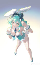  47ko :d absurdres animal_ears aqua_eyes aqua_footwear aqua_hair aqua_leotard aqua_nails bare_shoulders bicute_bunnies_miku blue_background blue_bow blue_necktie bow breasts chinese_commentary cleavage clenched_hand commentary_request detached_collar double_bun ear_bow fake_animal_ears female fishnet_pantyhose fishnets from_above full_body fur_armlet fur_collar fur_cuffs gradient_background hair_bun hands_up hatsune_miku highres index_finger_raised leaning_forward legs_apart leotard looking_at_viewer lower_teeth_only medium_breasts necktie pantyhose playboy_bunny rabbit_ears short_necktie smile solo standing strapless strapless_leotard teeth vocaloid weibo_logo weibo_watermark white_background wrist_cuffs 