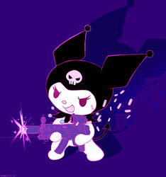  2023 anthro black_hood black_tail bone bullet chibi demon female fur gun hi_res hood kuromi lagomorph leporid long_ears long_tail mammal onegai_my_melody purple_background rabbit ranged_weapon sanrio shadman shooting_gun simple_background skull solo spade_tail tail weapon white_body white_fur 