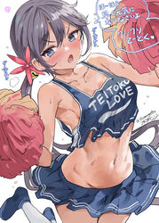  aged_up akebono_(kancolle) alternate_breast_size bell blush breasts cheerleader commentary_request cowboy_shot crop_top female flower hair_bell hair_flower hair_ornament highres holding holding_pom_poms jingle_bell kantai_collection long_hair looking_at_viewer medium_breasts midriff miniskirt mizuta_kenji navel open_mouth pleated_skirt pom_pom_(cheerleading) purple_hair side_ponytail skirt sleeveless solo translation_request twitter_username very_long_hair white_background 