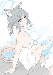  absurdres alternate_costume animal_ear_fluff animal_ears bad_id bad_twitter_id bare_shoulders barefoot blue_archive blue_eyes blue_halo blush breasts bucket cleavage closed_mouth collarbone commentary cross_hair_ornament extra_ears female from_above hair_ornament halo highres looking_at_viewer medium_breasts naked_towel shiroko_(blue_archive) simple_background sitting smile solo steam symbol-only_commentary t1kosewad thighs toes towel unworn_hair_ornament water wolf_ears 