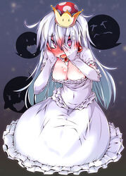  blush body_blush boo_(mario) breasts cleavage collar collar_jewel commentary_request covered_navel dress earrings elbow_gloves embarrassed female frilled_collar frilled_dress frilled_gloves frilled_sleeves frills full_body gloves hair_between_eyes hands_on_own_cheeks hands_on_own_face highres jewelry long_bangs long_dress long_hair looking_at_viewer luigi&#039;s_mansion mario_(series) medium_breasts narumiya_(narumiya) new_super_mario_bros._u_deluxe nose_blush oerba_yun_fang open_mouth pink_eyes princess_king_boo raised_eyebrows red_brooch seiza short_sleeves sitting solo sphere_earrings super_crown white_dress white_gloves white_hair 