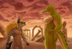  absurd_res animal_humanoid anthro canid canine canis claws crocodile crocodilian crocodylid detailed_background digital_media_(artwork) duo fan_character gazuki growth hi_res humanoid hyena illustration male mammal muscular nude pose reptile reptile_humanoid scalie scalie_humanoid scenery wallpaper 