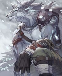  anthro bare_chest blizzard_(weather) blue_eyes bottomwear canid canine canis chains clothed clothing english_text fingerless_gloves fur fur_markings gloves handwear hi_res leather leather_strap male mammal markings muscular muscular_anthro muscular_male neckwear pants shinashina.0317 snow snowing solo straps text watching_aside wolf 