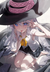  \m/ absurdres arm_up armpits bare_arms bare_legs bare_shoulders barefoot black_coat black_hat black_skirt blue_eyes breasts button_gap closed_mouth coat collared_shirt elaina_(majo_no_tabitabi) female frilled_skirt frills hat highres kerno long_hair looking_at_viewer majo_no_tabitabi miniskirt neck_ribbon pleated_skirt ribbon seiza shirt sitting skirt sleeveless sleeveless_shirt small_breasts smile solo tongue tongue_out unworn_coat very_long_hair white_hair white_shirt witch_hat 