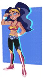  black_hair blue_eyes breasts chi-iz dc_comics dc_super_hero_girls female flexing grin long_hair medium_breasts microskirt midriff pants pants_under_skirt ponytail skirt smile solo toned wonder_woman wonder_woman_(series) wristband 