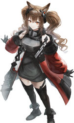  absurdres aiv angelina_(arknights) angelina_(endfield)_(arknights) animal_ears arknights arknights:_endfield black_dress black_footwear black_thighhighs boots brown_hair dress female fox_ears fox_girl highres jacket long_sleeves looking_at_viewer off_shoulder open_clothes open_jacket orange_eyes red_jacket simple_background solo thighhighs twintails white_background 