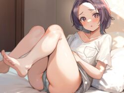  :o absurdres ass bare_legs barefoot bed bed_sheet blush brown_eyes brown_hair cameltoe feet female foot_out_of_frame hair_ornament heart heart-shaped_pupils highres indoors knees_up legs looking_at_viewer medium_hair non-web_source on_bed open_mouth original panties parted_bangs pillow shiitake_taishi shirt short_sleeves solo symbol-shaped_pupils t-shirt thong toes underwear white_panties white_shirt x_hair_ornament 