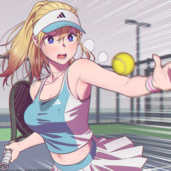  adidas andrian_januar_adilia armpit_crease ball bare_arms bare_shoulders blonde_hair blue_eyes blurry breasts breath cleavage collarbone crop_top crop_top_overhang emphasis_lines female hair_between_eyes highres holding holding_racket indonesian_commentary jewelry long_hair looking_at_object medium_breasts midriff motion_blur navel necklace open_mouth original outstretched_arms pleated_skirt ponytail racket skirt solo speed_lines sportswear sweat sweat_stain tank_top tennis_ball tennis_racket tennis_uniform upper_body visor_cap white_skirt wristband 