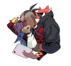  2boys arm_up ascot biting black_hoodie cheek_biting closed_eyes commentary_request dark-skinned_male dark_skin dynamax_band earrings highres holding holding_stylus hood hoodie hug hug_from_behind jacket jewelry korean_commentary leon_(pokemon) long_hair looking_down male_focus multiple_boys open_mouth pokemon pokemon_swsh purple_hair raihan_(pokemon) red_jacket redlhzz short_hair simple_background stylus tablet_pc undercut upper_body white_ascot white_background yaoi 