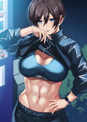  abs arm_up black_hair black_pants blue_eyes blue_jacket blue_sports_bra blurry blurry_background brand_name_imitation breasts bush cleavage clothes_lift cowboy_shot female groin hair_between_eyes hand_on_own_hip highres hikari_(komitiookami) jacket jacket_lift lifting_own_clothes light_particles looking_at_viewer medium_breasts muscular muscular_female navel night original outdoors pants parted_lips screen_light short_hair sidelocks smartwatch solo sports_bra standing stomach sweat tomboy toned track_jacket upper_body vending_machine watch wristwatch 