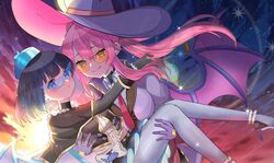  2girls blue-tinted_eyewear blue_eyes blue_hair breasts carrying demon_wings duel_monster evil_twin_ki-sikil evil_twin_lil-la flying gloves green_eyes hat highres jacket ki-sikil_(yu-gi-oh!) lil-la_(yu-gi-oh!) long_hair multiple_girls pink-tinted_eyewear pink_hair princess_carry shiroue_tomari short_hair smile sunglasses tinted_eyewear wings yu-gi-oh! 