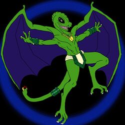  alien animal_humanoid anthro black_eyes bottomwear clothing droyne flying green_body green_skin hi_res humanoid jewelry loincloth male mostly_nude reptile reptile_humanoid scalie scalie_humanoid solo tail traveller_rpg unknown_artist wings 