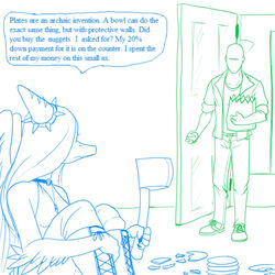  1:1 anon_(snoot_game) anthro arm_feathers axe bald blue_and_white bone_frill boots bottomwear breasts cavemanon_studios clothed clothing dialogue dinosaur duo elbow_feathers english_text extinct faceless_character faceless_human faceless_male fang_(gvh) female footwear frill_(anatomy) goodbye_volcano_high green_and_white hair hatchet hi_res human knee_boots knee_highs legwear line_art looking_at_another male mammal monochrome pants prehistoric_species protonmono pterodactylus pterosaur reptile scalie shirt shoes small_breasts snoot_game speech_bubble text topwear wings 