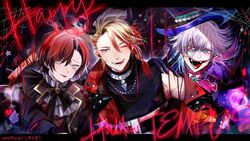  3boys ascot axel_syrios black_gloves black_ribbon blonde_hair blood blood_on_face blue_eyes blue_hair blush braid broken_heart collar crazy_smile crown_(artist) demon_horns english_text facing_viewer gavis_bettel gloves hair_between_eyes half_mask hat heart heterochromia holostars holostars_english horns jewelry looking_at_viewer machina_x_flayon male_focus mask multicolored_hair multiple_boys off_shoulder one_eye_closed open_mouth pink_eyes pink_hair red_hair red_ribbon ribbon sharp_teeth side_braid silk skull smile spider_web star_(symbol) stitched_mouth stitches teeth tongue tongue_out top_hat two-tone_hair upper_body v virtual_youtuber white_ascot white_collar white_hair 