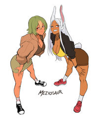  2girls :d animal_ears artist_name black_footwear black_jacket black_wristband boku_no_hero_academia breasts brown_jacket brown_shirt brown_skirt cleavage collarbone dark-skinned_female dark_skin fire_emblem fire_emblem_heroes full_body green_hair green_skirt hands_on_own_thighs jacket laegjarn_(fire_emblem) large_breasts leaning_forward legs legs_apart long_eyelashes long_hair looking_at_viewer meziosaur mirko multicolored_hair multiple_girls orange_hair rabbit_ears rabbit_girl rabbit_tail red_eyes red_footwear shirt shoes skirt smile sneakers socks tail tail_through_clothes teeth thighs toned very_long_hair white_background white_hair white_socks yellow_shirt 