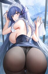  +_+ absurdly_long_hair absurdres against_glass against_window alternate_costume animal_ears ass azur_lane backless_outfit black_pantyhose blue_hair breasts cleaning cleaning_windows cloth commentary enmaided fake_animal_ears female from_behind hand_on_glass highres holding_cloth huge_breasts jewelry jeze long_hair looking_at_viewer looking_back maid maid_headdress miniskirt new_jersey_(azur_lane) panties pantyhose pantyshot rabbit_ears rag ring sideboob skirt symbol-only_commentary symbol-shaped_pupils unconventional_maid underwear upskirt very_long_hair wedding_ring window 