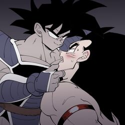  2boys armlet bara couple dark-skinned_male dark_skin dot_pupils dragon_ball dragon_ball_z eye_contact flustered grabbing_another&#039;s_chin half-closed_eyes hand_on_another&#039;s_chin highres imminent_kiss looking_at_another male_focus mature_male multiple_boys muscular muscular_male nude pectorals raditz receding_hairline saiyan_armor short_hair smirk spiked_hair tullece upper_body v-shaped_eyebrows yaoi yoram_(yoram551) 