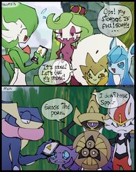  aegislash anthro blue_body blue_eyes cinderace dialogue eeveelution eldegoss electronics english_text female fur gardevoir generation_3_pokemon generation_4_pokemon generation_6_pokemon generation_7_pokemon generation_8_pokemon glaceon grass greninja group hi_res itz_smi73 male nintendo outside phone plant pokemon pokemon_(species) purple_body red_eyes sableye scalie tail text tsareena white_body white_fur 