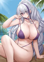  absurdres arm_rest azur_lane bare_shoulders beach bikini blue_sky blush breasts choker cleavage closed_mouth collarbone eyes_visible_through_hair feet_out_of_frame female hair_between_eyes hair_over_one_eye high_ponytail highres huge_breasts multicolored_hair navel ocean official_alternate_costume outdoors palm_leaf purple_bikini purple_choker purple_eyes purple_hair sitting sky smile solo stomach streaked_hair swimsuit ueyama_0clock unzen_(azur_lane) unzen_(sojourn_through_clear_seas)_(azur_lane) water white_hair 