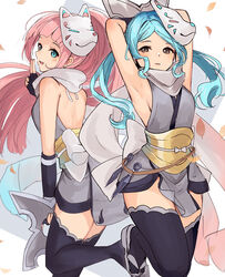  2girls alternate_costume aqua_hair armpits arms_up back_bow bare_shoulders black_gloves blue_eyes bow brown_eyes falling_leaves felicia_(fire_emblem) fingerless_gloves fire_emblem fire_emblem_fates flora_(fire_emblem) gloves haru_(nakajou-28) highres holding holding_shuriken holding_weapon japanese_clothes kuji-in kunai leaf leg_up looking_at_viewer mask mouth_mask multiple_girls ninja ninja_mask open_mouth pink_hair ponytail scarf shuriken siblings sisters thighhighs twins twintails weapon white_background white_bow white_scarf 