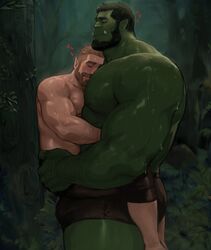  2boys :q abs absurdres arm_hair ass_grab bara beard between_pectorals blonde_hair blush brown_male_underwear brown_pants bulge carrying chest_hair closed_eyes colored_skin couple cuddling dopey_(dopq) elf face_to_pecs facial_hair forest green_skin hairy hand_on_another&#039;s_ass head_between_pecs head_on_head head_rest heart height_difference highres hug interspecies large_hands large_pectorals loving_aura male_focus male_underwear mature_male monster_boy multiple_boys muscular muscular_male nature nipples orc original pants pectoral_pillow pectorals pointy_ears rain short_hair sideburns size_difference stomach thick_thighs thighs tongue tongue_out topless_male tusks underwear wet yaoi 