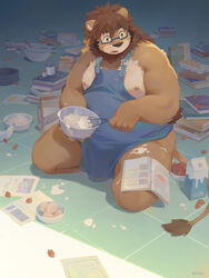  1boy absurdres animal_ears apron baking bara bare_pectorals biceps book bowl brown_fur brown_hair chest_hair cookbook egg_(food) fang_out flour food fruit full_body furry furry_male glasses highres holding holding_bowl holding_whisk large_pectorals lion_boy lion_tail looking_down male_focus medium_hair messy messy_room milk muscular muscular_male naked_apron nipples oerba_yun_fang on_floor open_mouth original pectorals reading rectangular_eyewear ross_lion scattered_books scattered_paper seamonsterping sideburns solo strawberry tail thick_thighs thighs whisk yellow_eyes 