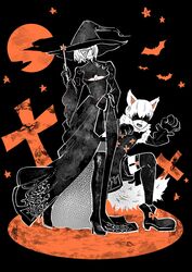  1boy 2b_(nier:automata) 9s_(nier:automata) abeinoddword animal_ears bat_(animal) black_background black_dress black_footwear black_gloves blindfold boots breasts cleavage cleavage_cutout clothing_cutout dress fake_animal_ears female fox_ears gloves halloween halloween_costume hat high_heel_boots high_heels highres holding holding_wand knee_boots light_smile long_dress medium_breasts mole mole_under_mouth nier:automata nier_(series) open_mouth short_hair teeth wand white_hair witch_hat 