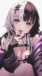  absurdres black_coat black_dress black_gloves black_hair black_nails breasts chest_belt cleavage coat commentary cunnilingus_gesture dress elbow_gloves fangs female fur-trimmed_coat fur_trim gloves highres hololive hololive_english large_breasts looking_at_viewer multicolored_hair nail_polish omenion piercing shiori_novella shiori_novella_(1st_costume) smile solo_focus split-color_hair striped_clothes striped_gloves teeth tongue tongue_out tongue_piercing upper_teeth_only v virtual_youtuber white_background white_hair yellow_eyes yorick_(shiori_novella) 