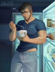  1boy absurdres bandaid bandaid_on_cheek bandaid_on_face bara black_hair black_shirt bowl bulge call_of_duty call_of_duty:_modern_warfare_2 english_text facial_hair grey_pants hello_kitty highres holding holding_bowl holding_spoon indoors large_pectorals male_focus mindiearts muscular muscular_male pants pectorals sanrio shirt short_hair soap_(modern_warfare_2) solo spoon twitter_username 