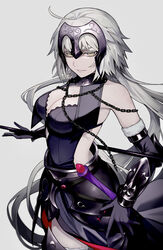  absurdres armor armored_dress bare_shoulders black_dress breasts chains cleavage collar dress fate/grand_order fate_(series) faulds female fur-trimmed_legwear fur_trim gauntlets grey_hair headpiece highres jeanne_d&#039;arc_alter_(avenger)_(fate) jeanne_d&#039;arc_alter_(avenger)_(third_ascension)_(fate) jeanne_d&#039;arc_alter_(fate) large_breasts long_hair looking_at_viewer metal_collar polearm solo sumi_(gfgf_045) sword very_long_hair weapon yellow_eyes 