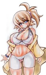  bike_shorts black_shorts black_sports_bra black_wristband blue_eyes blue_wristband blush breasts brown_hair cleavage collarbone commentary cowboy_shot female gundam gundam_build_fighters gundam_build_fighters_try hair_ornament hair_scrunchie highres hoshino_fumina jacket large_breasts looking_at_viewer midriff multicolored_clothes multicolored_shorts multicolored_sports_bra navel open_clothes open_jacket pink_scrunchie pink_shorts pink_sports_bra ponytail scrunchie shorts sidelocks simple_background smile solo sports_bra standing stomach two-tone_sports_bra white_background white_shorts wristband yellow_jacket yutakasan-love 