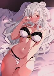  absurdres azur_lane bed black_trim bra breasts cleavage covering_crotch covering_privates cowboy_shot female from_above hai_tien_(azur_lane) hair_ornament highres lace-trimmed_bra lace-trimmed_panties lace_trim large_breasts long_hair looking_at_viewer lying multi-strapped_panties on_back on_bed origami_aya panties pillow solo underwear underwear_only white_bra white_hair white_panties yellow_eyes 