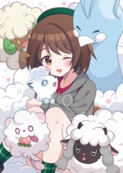  ;d alolan_vulpix altaria blush bob_cut brown_eyes brown_hair cable_knit cardigan collared_dress commentary_request dress female fluffy gloria_(pokemon) green_headwear green_socks grey_cardigan hat highres holding holding_pokemon hooded_cardigan one_eye_closed open_mouth pink_dress plaid_socks pokemon pokemon_(creature) pokemon_swsh short_hair sitting smile socks swirlix tam_o&#039;_shanter whimsicott wooloo yukino_(weem4554) 