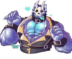  2023 abs anthro artist_name atlas_(juggermelon) beard big_pecs black_clothing black_topwear black_vest blue_markings blue_tongue canid canine canis chest_markings claws clothing collar dress_shirt facial_hair finger_claws fur harness heart_symbol hi_res himbo male mammal markings mask muscular muscular_anthro muscular_male one_eye_closed pecs pinstripe_clothing purple_body purple_fur rolled_up_sleeves shirt simple_background skull_mask solo sugarovin tongue tongue_out topwear unbuttoned_shirt vest white_background wink wolf wristband yellow_eyes 